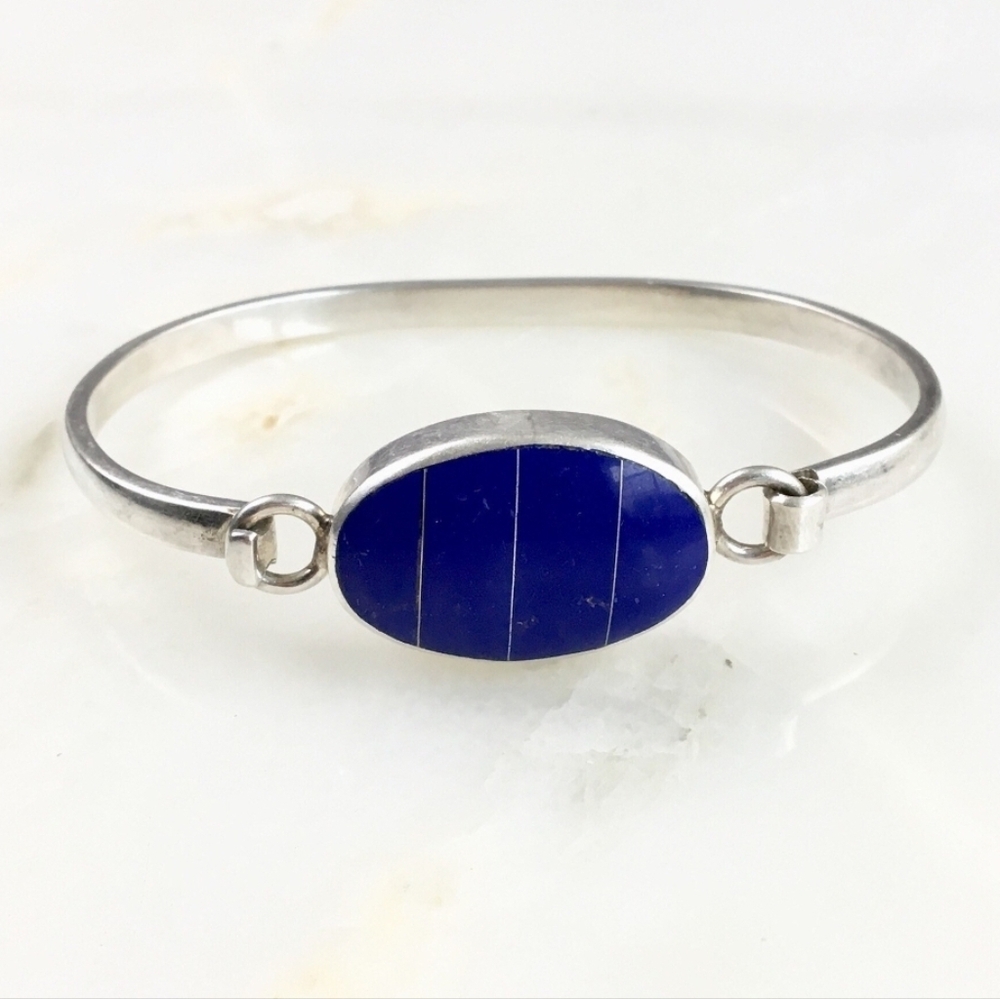 Vintage 70s 925 Sterling Silver Modernist Lapis Lazuli Latch Bracelet 24g